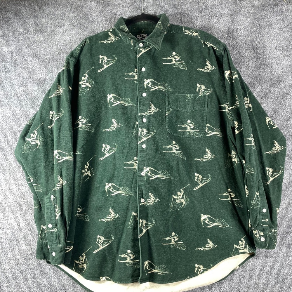 VTG Polo Ralph Lauren Shirt Mens XL Green Marlowe Flannel Suicide Ski Stadium